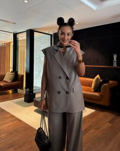 LA MILLA DŁUGA KAMIZELA OVERSIZE Z PODUSZKAMI BRĄZ/SZAROŚĆ