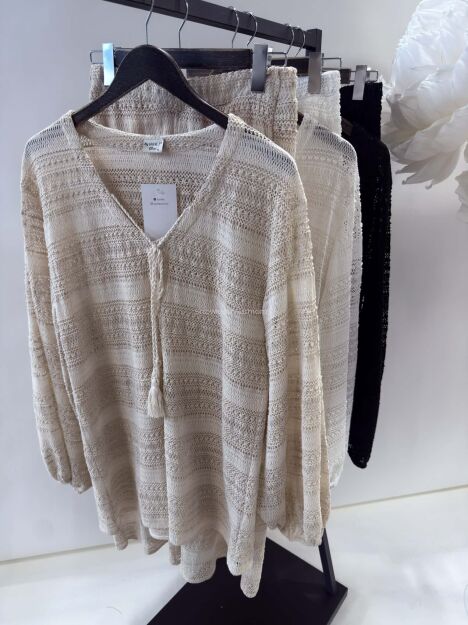 BY O LA LA...! AŻUROWY KOMPLET BOHO TUNIKA + SPODNIE CZARNY