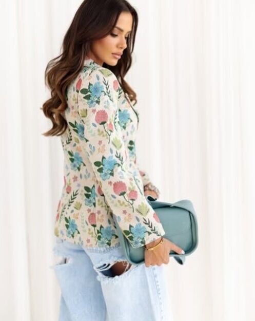 BY O LA LA...! MARYNARKA ŻAKARDOWA W KWIATY BEŻ/RÓŻ/NIEBIESKA