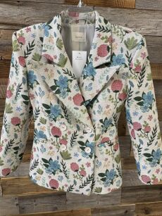 BY O LA LA...! MARYNARKA ŻAKARDOWA W KWIATY BEŻ/RÓŻ/NIEBIESKA