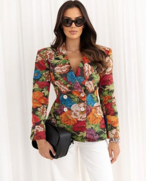 BY O LA LA...! MARYNARKA ŻAKARDOWA W KWIATY MULTICOLOR/RED KISS/RUDA/CZARNA