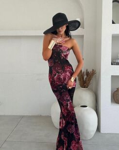 LA MILLA SUKIENKA MAXI SIATECZKA FLOWERS CZERŃ/BORDO/CZERWIEŃ