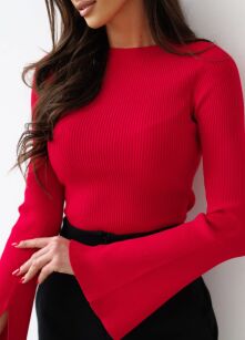 BY O LA LA...! PRĄŻKOWANY SWETER SZEROKIE RĘKAWY CZERWONY