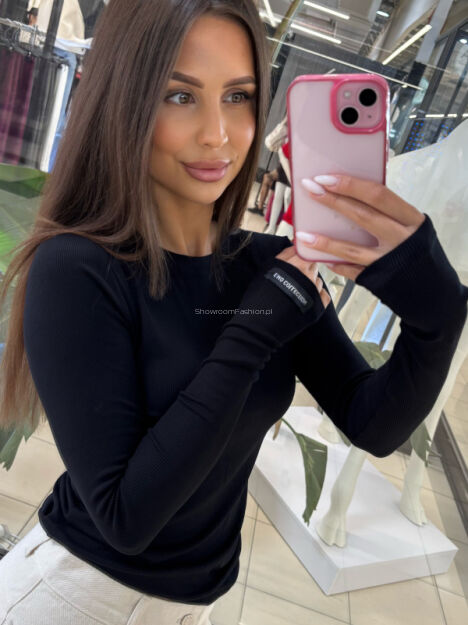 EMO BLUZKA BASIC PRĄŻEK Z LOGO NA RĘKAWIE CZARNA