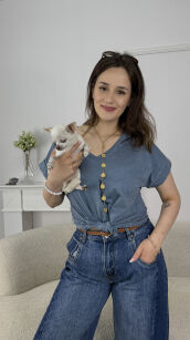 BLUZKA T-SHIRT V-NECK SMILE NIEBIESKA