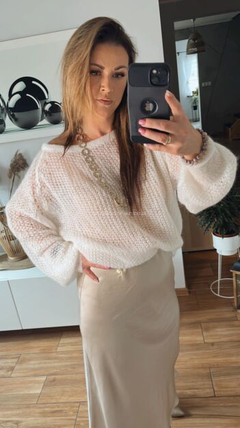 BY O LA LA...! OVERSIZOWY CIENKI SWETER AŻUR ŚMIETANA