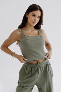 BY O LA LA...! PRĄŻKOWANA BLUZKA TOP PODWÓJNY PRZÓD MATCHA (KHAKI)