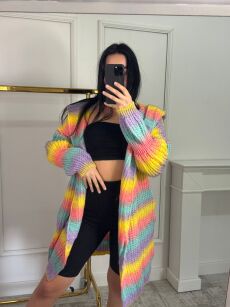 BY O LA LA...! KOLOROWY SWETER KARDIGAN W PASY LILA/ŻÓŁĆ/BŁĘKIT/RÓŻ