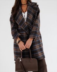 BY O LA LA! OVERSIZOWY PŁASZCZ W KRATĘ CZEKOLADA/JEANS