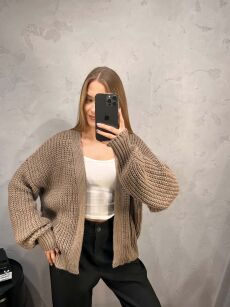 SEMPRE OVERSIZOWY SWETER KARDIGAN KRÓTKI TAUPE