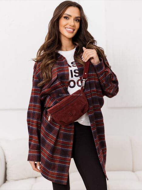 BY O LA LA! DŁUGA FLANELOWA KOSZULA W KRATĘ BORDO (MERLOT)