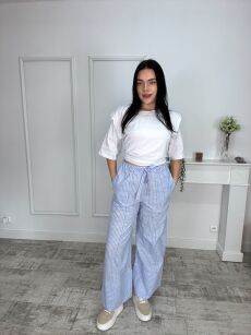 BY O LA LA! SPODNIE WIDE LEG W PASKI NIEBIESKIE