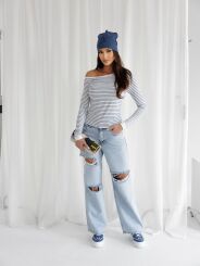 BY O LA LA! BLUZKA W PASKI Z GUZIKAMI Z TYŁU OFF WHITE/DENIM
