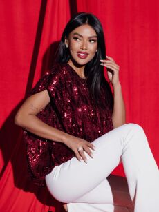 BY O LA LA! MARSZCZONA BLUZKA Z CEKINAMI BORDO (MERLOT)