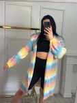 BY O LA LA...! KOLOROWY SWETER KARDIGAN W PASY BIEL/RÓŻ/ŻÓŁĆ/BŁĘKIT - 3