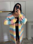 BY O LA LA...! KOLOROWY SWETER KARDIGAN W PASY BIEL/RÓŻ/ŻÓŁĆ/BŁĘKIT - 2