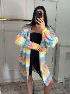 BY O LA LA...! KOLOROWY SWETER KARDIGAN W PASY BIEL/RÓŻ/ŻÓŁĆ/BŁĘKIT