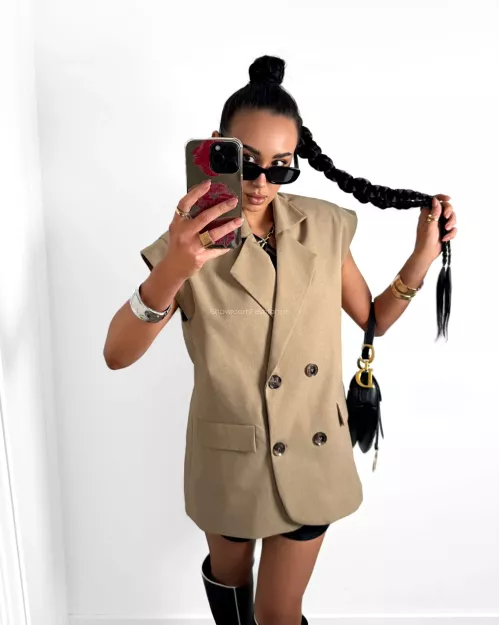 LA MILLA DŁUGA KAMIZELA OVERSIZE Z PODUSZKAMI PIASKOWY BEŻ