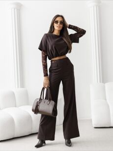 BY O LA LA...! KOMPLET BLUZKA + SPODNIE Z KORONKĄ IVY CZEKOLADA (CHOCOMUS)