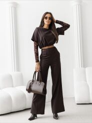 BY O LA LA...! KOMPLET BLUZKA + SPODNIE Z KORONKĄ IVY CZEKOLADA (CHOCOMUS)