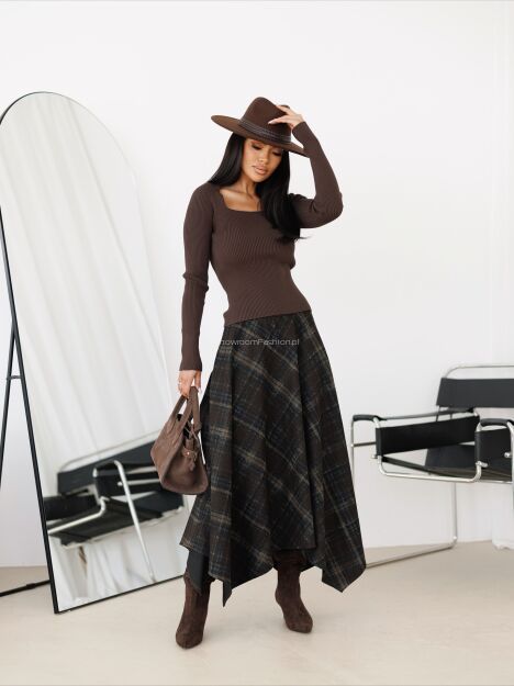 BY O LA LA! ROZKLOSZOWANA SPÓDNICA W KRATĘ CZEKOLADA/BEŻ/SZAROŚĆ