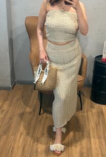 LADY DRAMA ŻAKARDOWA SPÓDNICA MAXI WARKOCZ BEŻ