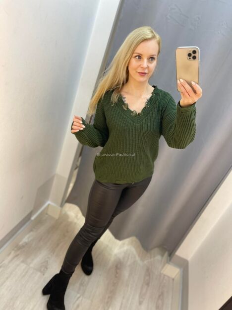 BY O LA LA.. ! SWETER VINTAGE Z DZIURAMI KHAKI