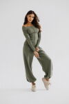 BY O LA LA! PRĄŻKOWANA BLUZKA BASIC Z PRZESZYCIEM MATCHA (KHAKI) - 2
