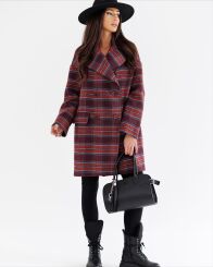 BY O LA LA! OVERSIZOWY PŁASZCZ W KRATĘ MERLOT (BORDO)/GRANAT