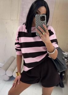 LA MILLA KOMPLET SWETERKOWY W PASY RÓŻ/CZEKOLADA