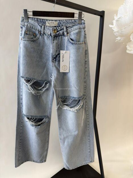 BY O LA LA! SPODNIE WIDE LEG Z DZIURAMI NIEBIESKIE