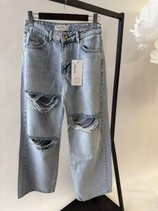 BY O LA LA! SPODNIE WIDE LEG Z DZIURAMI NIEBIESKIE