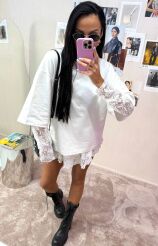 LA MILLA BLUZKA OVERSIZE Z KORONKOWYM RĘKAWEM ŚMIETANA