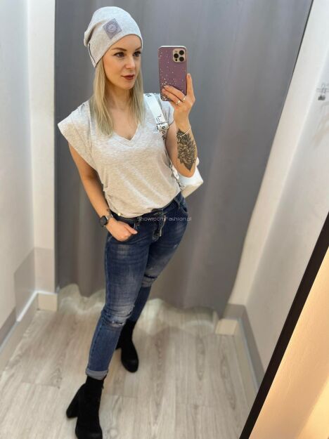 BY O LA LA...! BLUZKA T-SHIRT MOTYLEK SZARA