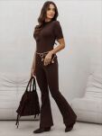 BY O LA LA! SPODNIE DZWONY ŚLISKIE Z ROZCIĘCIEM CZEKOLADA - 3