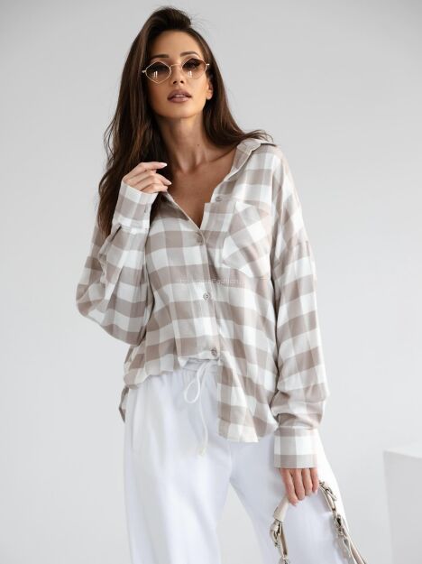 BY O LA LA! KOSZULA W KRATĘ Z DŻETAMI OFF WHITE/BEŻ/KAKAO