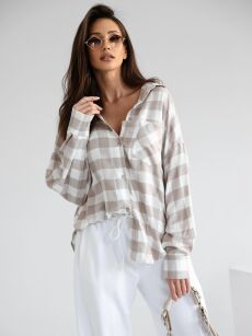 BY O LA LA! KOSZULA W KRATĘ Z DŻETAMI OFF WHITE/BEŻ/KAKAO