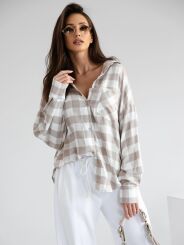 BY O LA LA! KOSZULA W KRATĘ Z DŻETAMI OFF WHITE/BEŻ/KAKAO