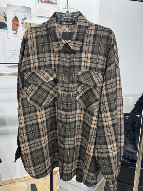EMO OVERSIZOWA FLANELOWA KOSZULA W KRATĘ KHAKI/BEŻ/CZERŃ
