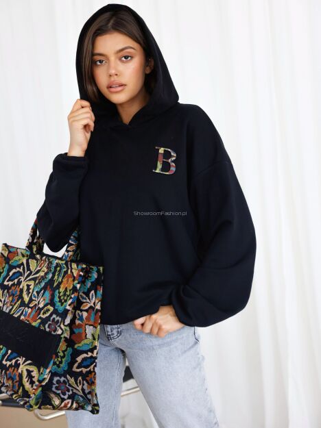 BY O LA LA...! DRESOWA BLUZA HOODIE Z ŻAKARDOWYM LOGO CZARNA