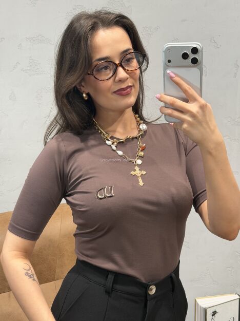 LADY DRAMA T-SHIRT CLASSIC Z LOGIEM CZEKOLADA