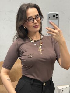LADY DRAMA T-SHIRT CLASSIC Z LOGIEM CZEKOLADA