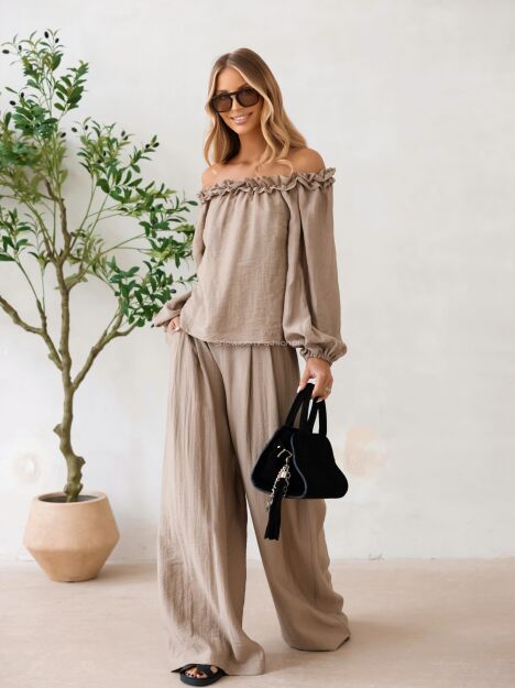 BY O LA LA...! KOMPLET BLUZKA HISZPANKA + SPODNIE WIDE LEG NAPOLI CIEMNY BEŻ