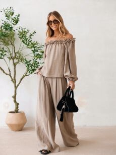 BY O LA LA...! KOMPLET BLUZKA HISZPANKA + SPODNIE WIDE LEG NAPOLI CIEMNY BEŻ