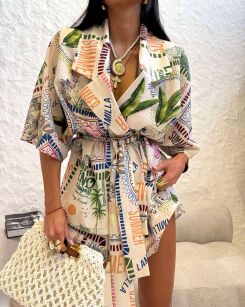 LA MILLA KOMPLET LNIANY KOSZULA KIMONO + SZORTY BEŻ/MULTICOLOR