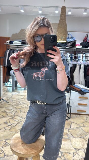 BY O LA LA...! BLUZKA T-SHIRT DEKATYZOWANY SAUSAGE CZARNA