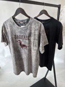 BY O LA LA...! BLUZKA T-SHIRT DEKATYZOWANY SAUSAGE CZARNA