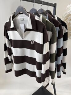 BY O LA LA! BLUZA POLO W PASY PERŁA/ESPRESSO