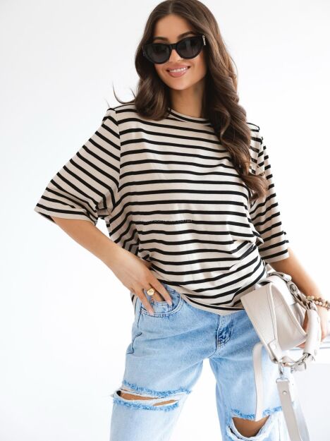 BY O LA LA! BLUZKA T-SHIRT W PASKI Z PODUSZKAMI NUDE/CZERŃ