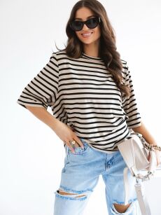 BY O LA LA! BLUZKA T-SHIRT W PASKI Z PODUSZKAMI NUDE/CZERŃ